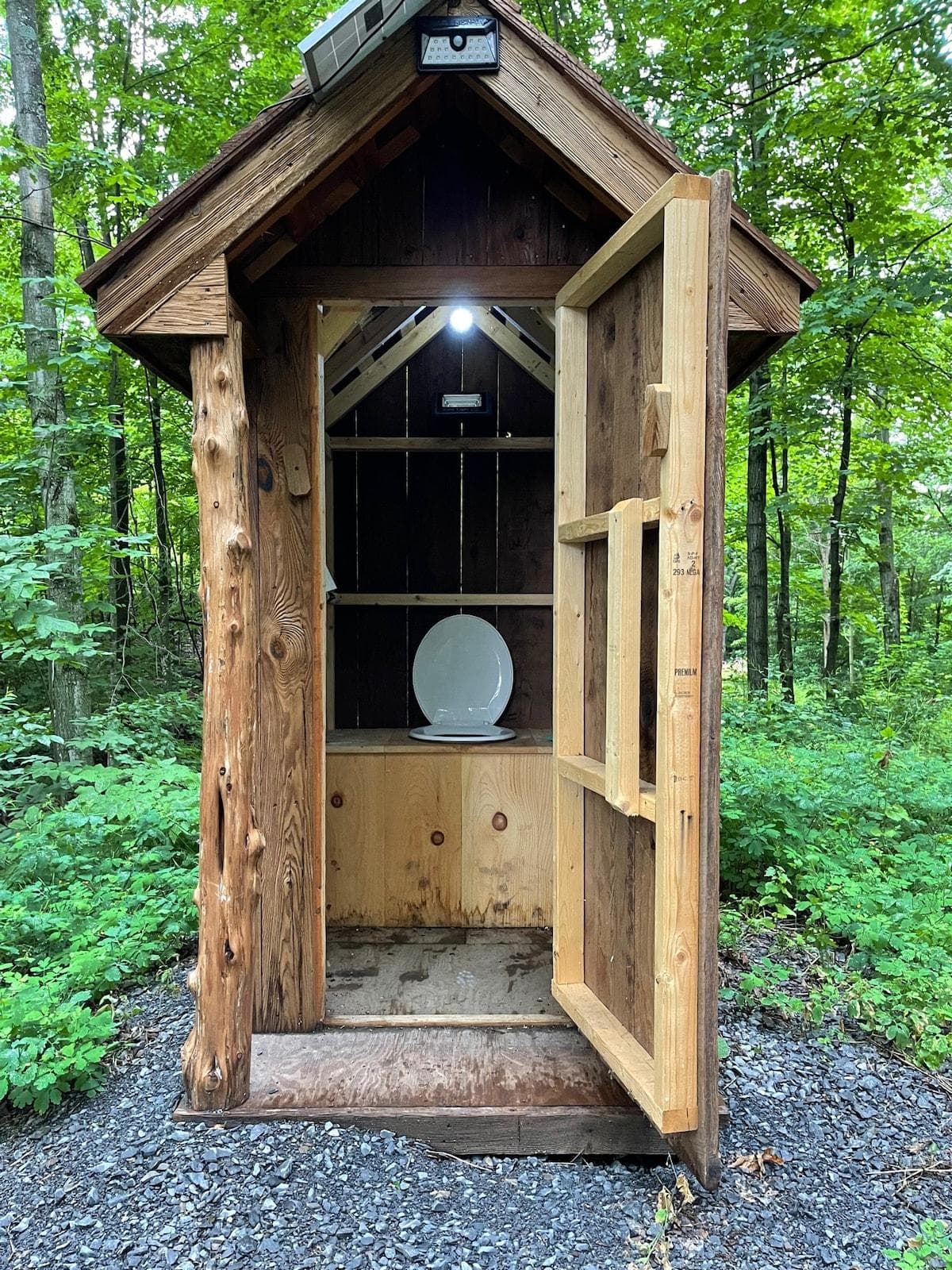 The outhouse is cleaned between guests and emptied regularly. Solor-powered lights on the outside and inside provide plenty of lighting for those evening trips and is only 75 feet or so from the cabin. 